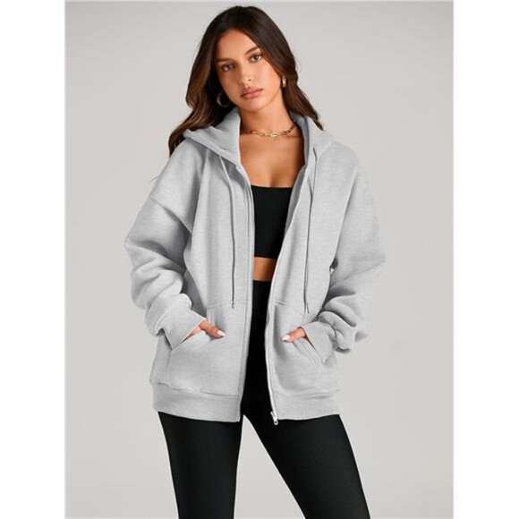 Women's Oversized Drawstring Zip-Up Hoodie Fall Jacket with Pocket - Picture 3 of 7